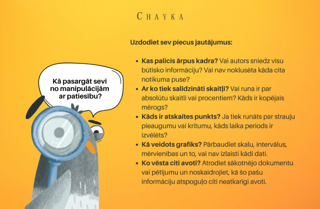 Lai pasargātu sevi no manipulācijām ar patiesību, ir vērts atbildēt uz šiem pieciem jautājumiem. Infografika: Anastasija Šubina