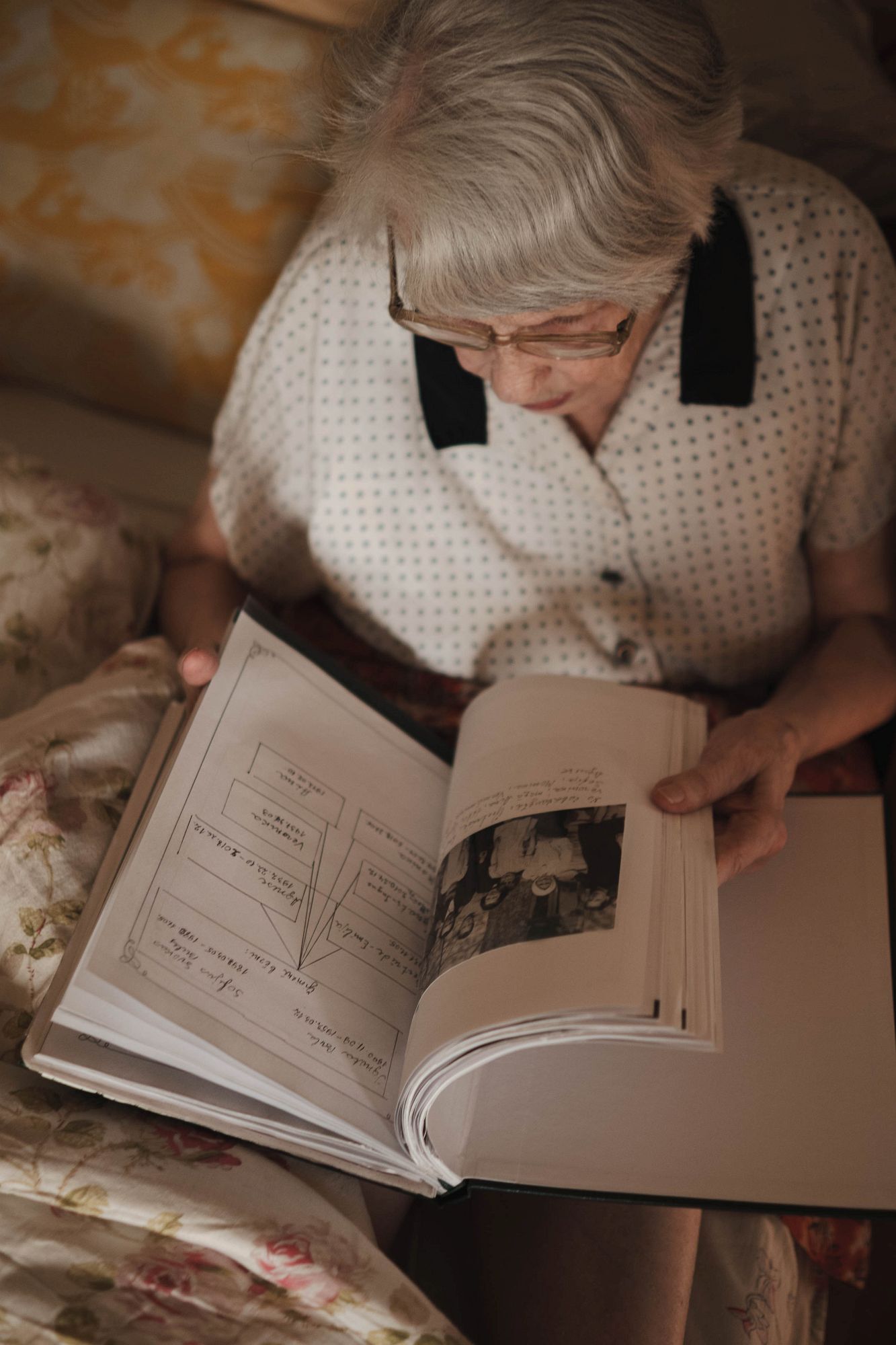 Veronika aplūko atvērtu grāmatu vai albumu ar fotogrāfijām un pierakstiem.