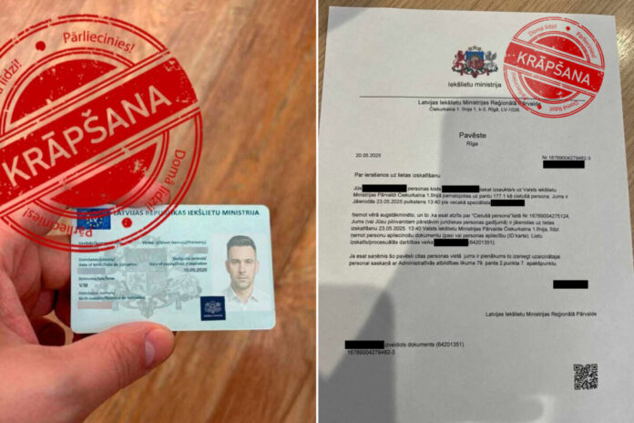 oblozhka Viltota Iekšlietu ministrijas pārstāvja apliecība un viltots dokuments. Ilustratīvs foto: Valsts policija