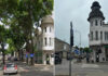Kāpēc Daugavpils centrā nocirsti koki? Skaidro pašvaldība Viestura un Saules ielas krustojums Daugavpilī. Kolāža: Chayka.lv (pirmais foto — ekrānuzņēmums no Google Maps, 2021. gada jūlijs; otrais foto — 2026. gada maijs, fotografējusi Anastasija Šubina)