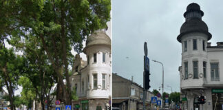 Viestura un Saules ielas krustojums Daugavpilī. Kolāža: Chayka.lv (pirmais foto — ekrānuzņēmums no Google Maps, 2021. gada jūlijs; otrais foto — 2026. gada maijs, fotografējusi Anastasija Šubina)