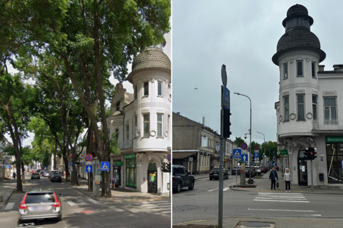oblozhrf Viestura un Saules ielas krustojums Daugavpilī. Kolāža: Chayka.lv (pirmais foto — ekrānuzņēmums no Google Maps, 2021. gada jūlijs; otrais foto — 2026. gada maijs, fotografējusi Anastasija Šubina)