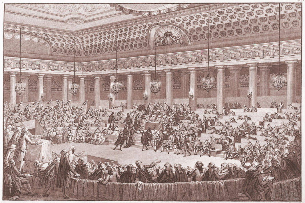 NUIT DU 4 AOUT 1789, ABANDON DES PRIVILEGES Nacionālā sapulce Versaļā. 1789. gada 4.–5. augusta nakts sēde, kas bija veltīta kārtu privilēģiju atcelšanai. Izidora Staņislasa Elmana gravīra pēc Šarla Monē zīmējuma, 1790. gads. Karnavalē muzejs